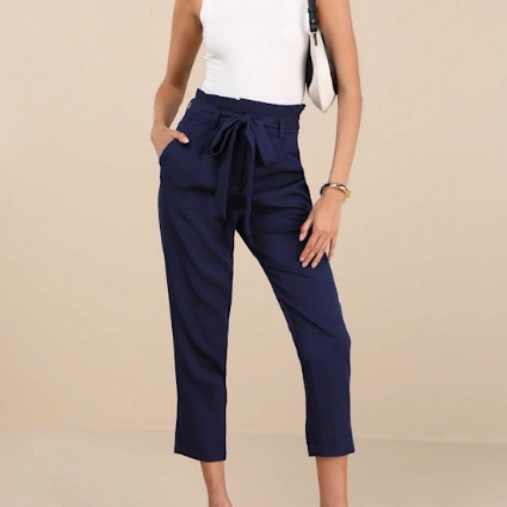 LULUS With Confidence Navy Blue Paper Bag Waist Pants